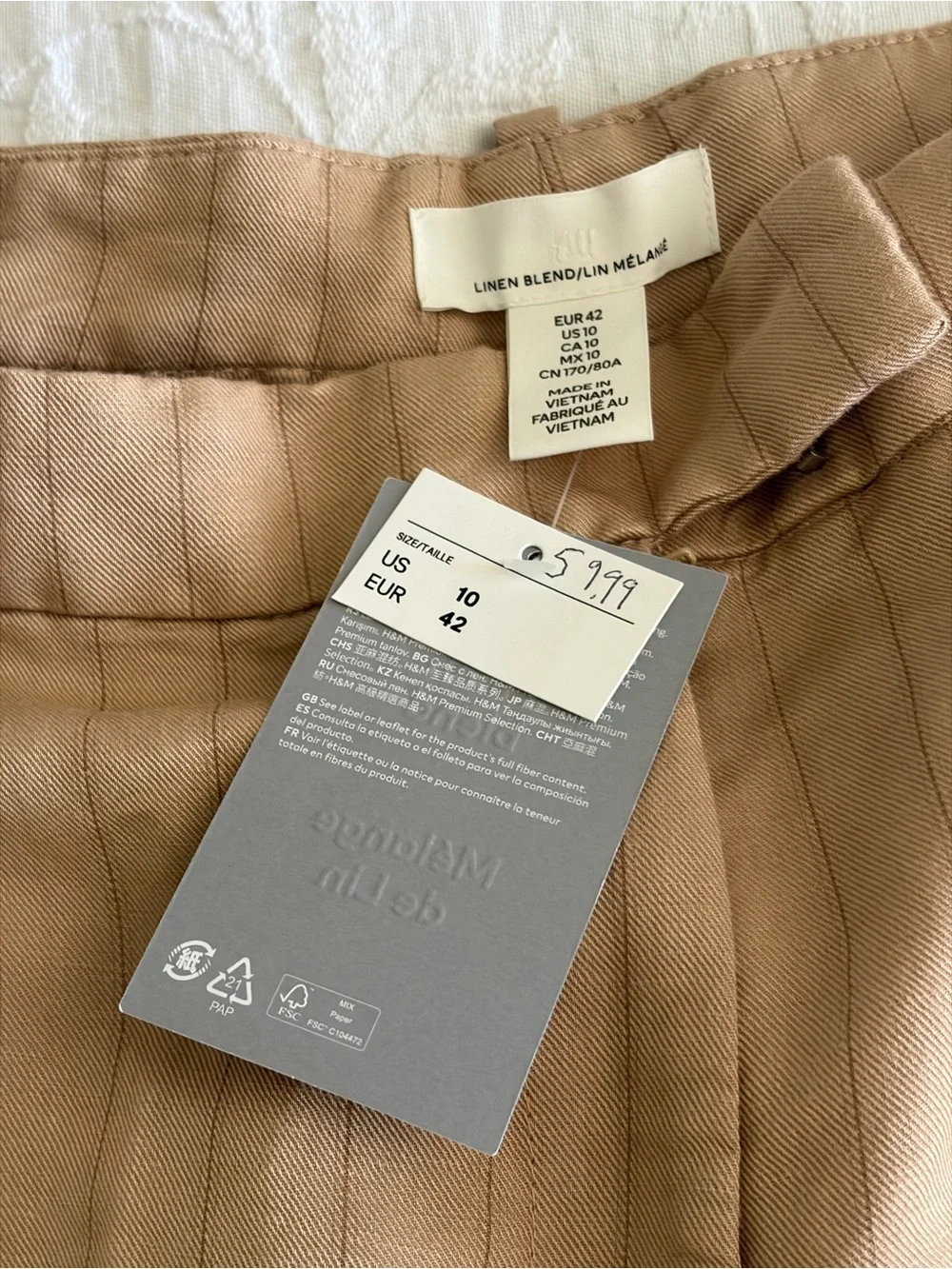 H&M Beige Pinstripe LINEN-BLEND DRESS PANTS